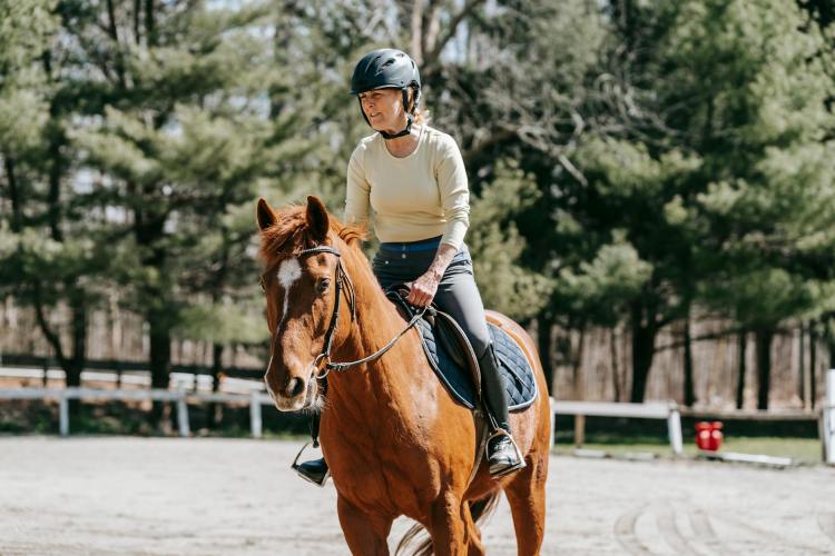 woman riding a chestnut horse