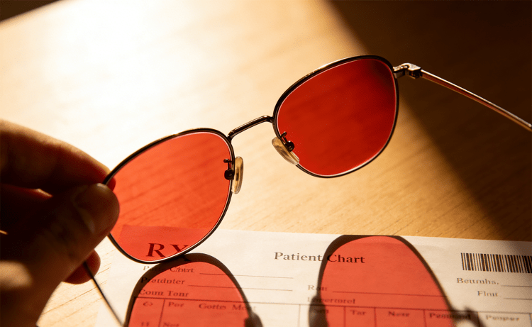 A hand holding red-tinted Prescription Blue Light Glasses